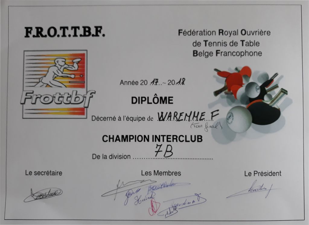 diplôme Waremme F champion 2017-2018